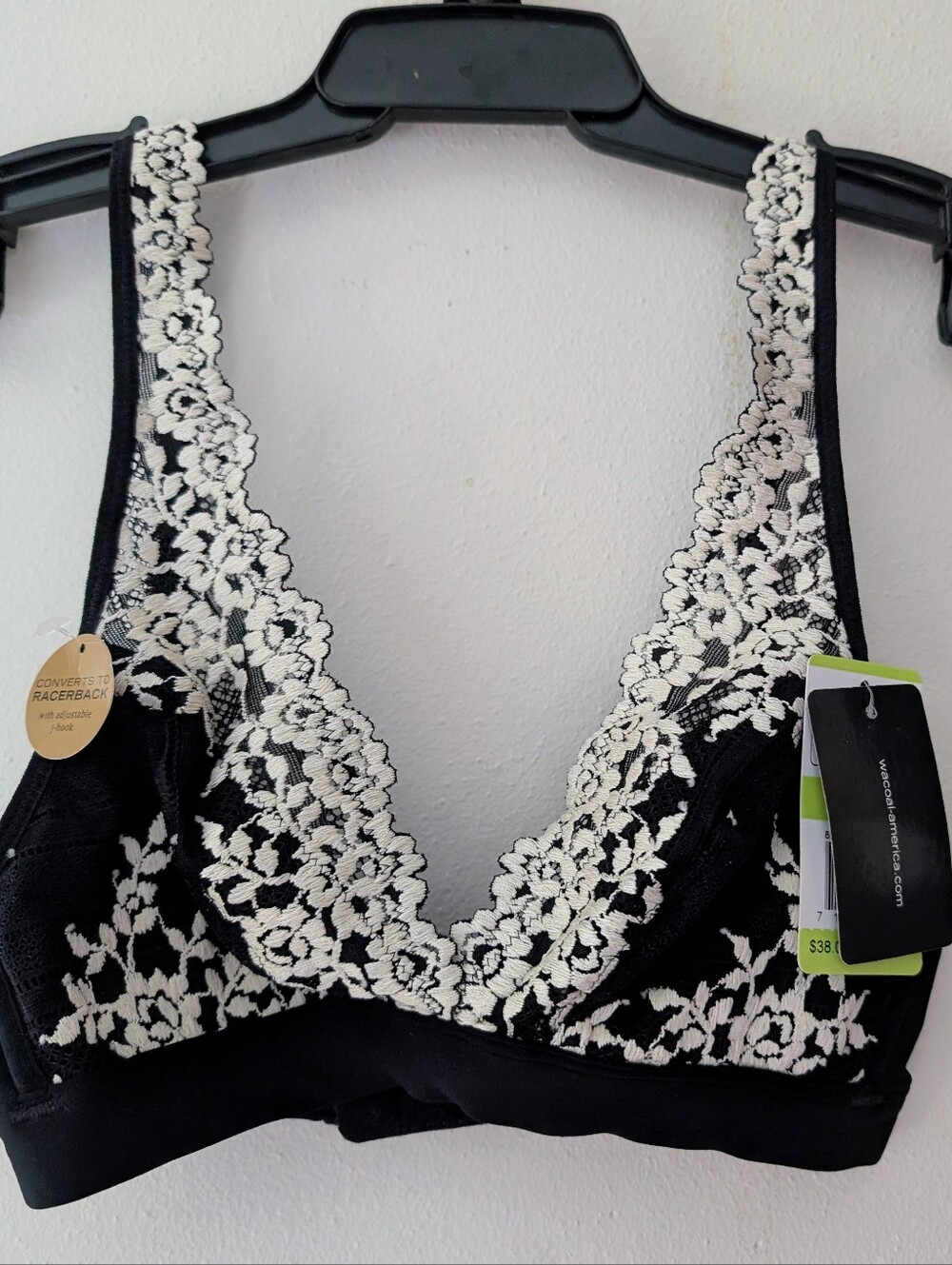 Wacoal Embrace Lace Wireless Racerback Bralette NWT Black Ivory